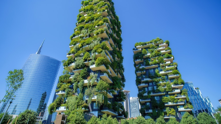 A photo of two high-rise apartment buildings covered in vertical gardens against a bright blue sky