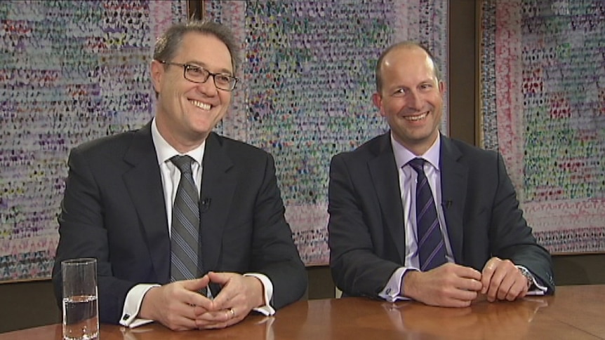 AMP's CEO Craig Dunn (left) and CEO elect, Craig Meller talk to Alan Kohler on Inside Business.