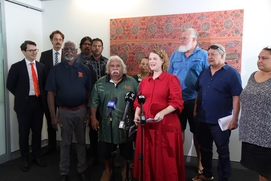 A group of people standing around a microphone inside a room, in front of an Aboriginal artwork.