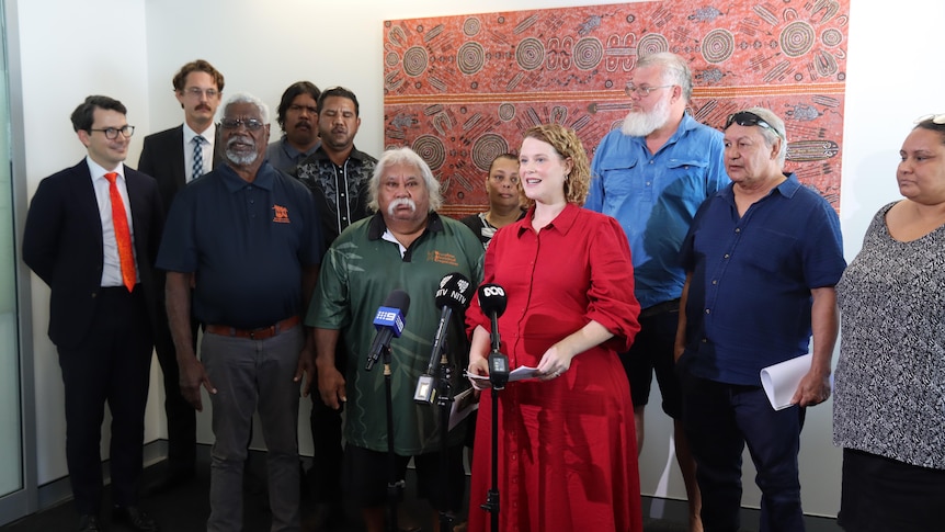 A group of people standing around a microphone inside a room, in front of an Aboriginal artwork.
