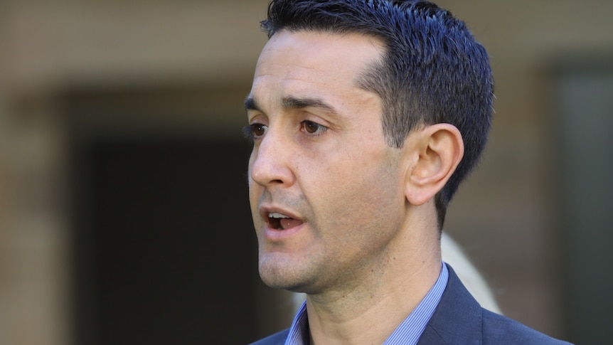 Queensland Opposition Leader David Crisafulli speaking with Ros Bates behind him