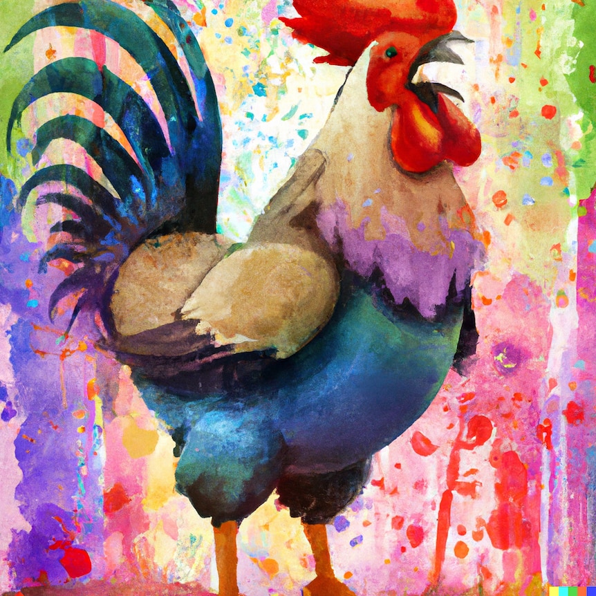 An AI-generated watercolour painting of a rooster standing and crowing, with a colourful background, all in pastel colours