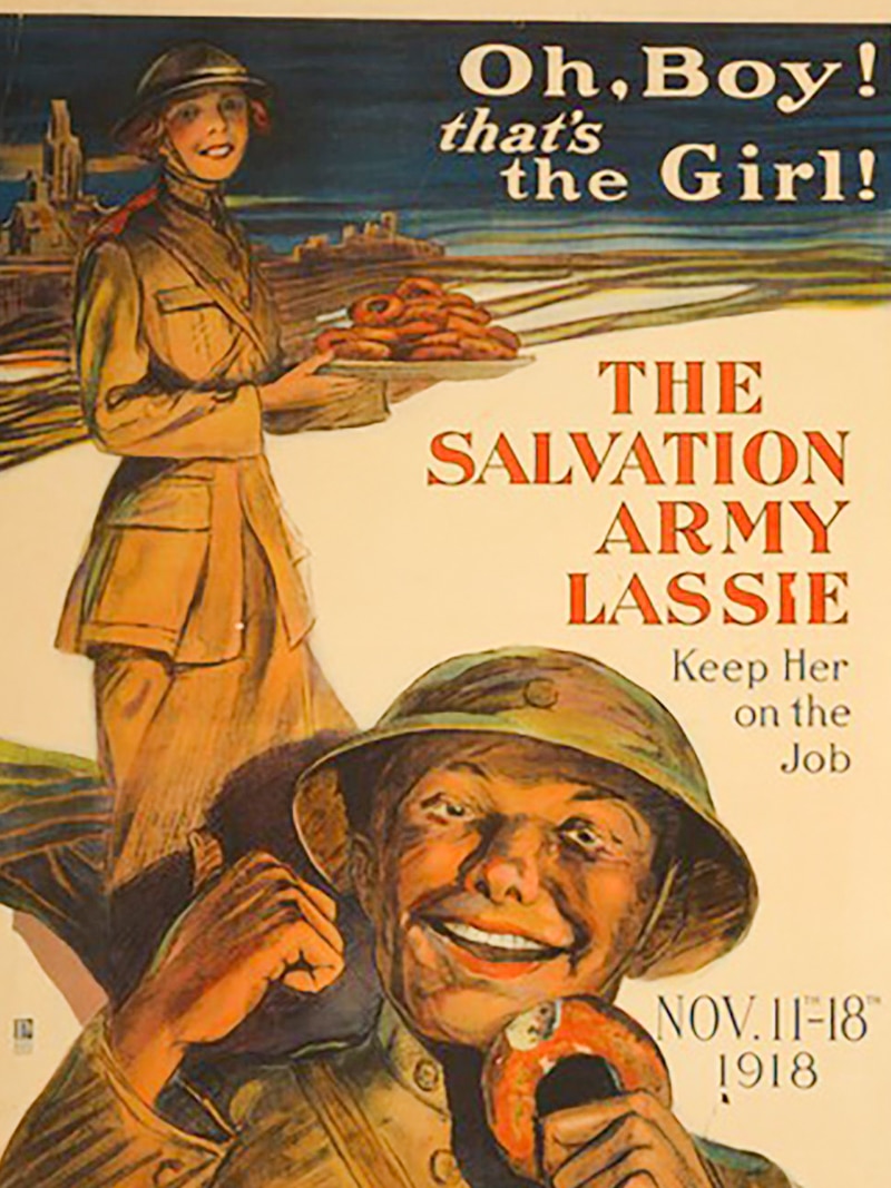 Hand-drawn poster of a female officer holding a tray of doughnuts.