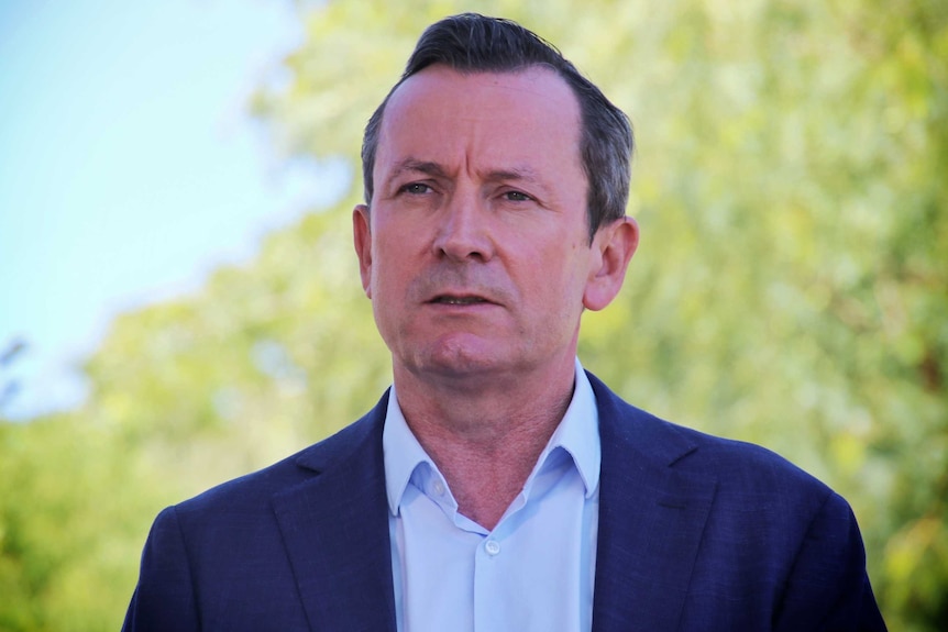 A close up of Mark McGowan wearing a blue suit, standing outside with green trees and blue sky behind him.