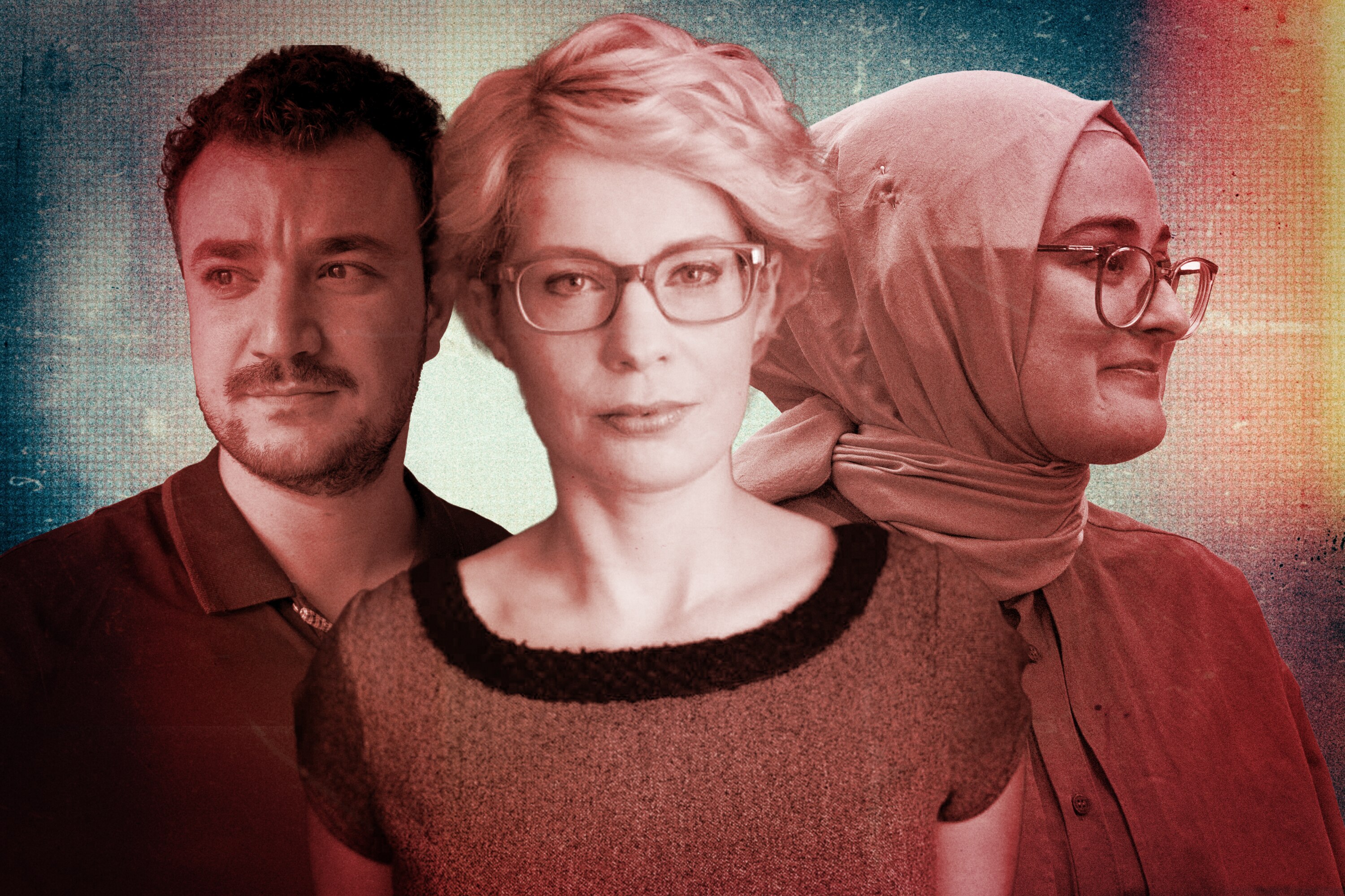 A composite graphic of a man and two women