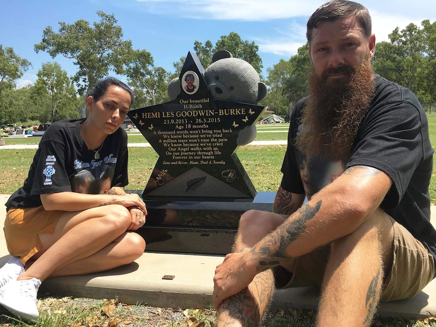 Kerri-Ann Goodwin and Shane Burke at the grave of their son Hemi