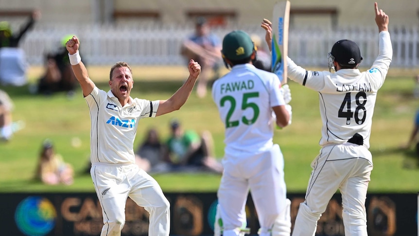 A red-faced Test bowler roars and raises his arms after taking a wicket.