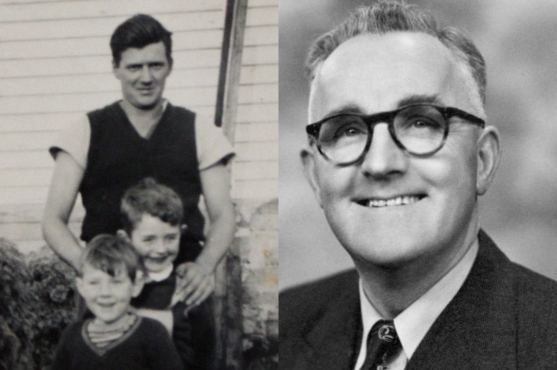 Two photos, on the left a dad stands behind his two sons who are aged around 4 and 5 years old, and on the right a mans portrait