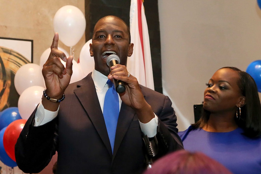 Andrew Gillum with his wife, R. Jai Gillum after winning the primary in Florida.