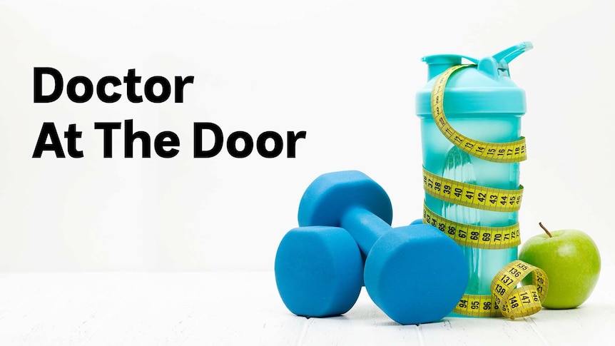 Against a stark white backdrop is a pair of blue dumbbells, blue fitness bottle wrapped by measuring tape and a green apple