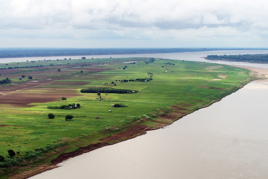 A flat, green but sparse island in a brown river
