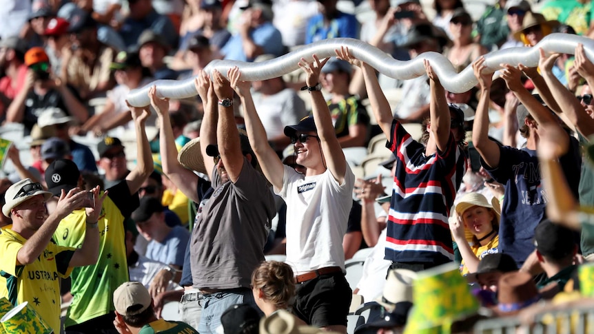 Cricket fans at a ODI between Australia and England at Perth STadium hold up a beer snake above their heads.