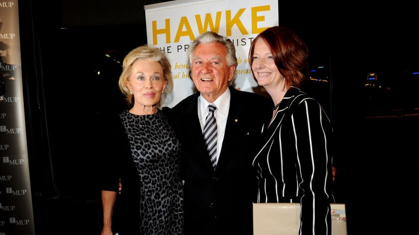 Prime Minister Julia Gillard with former prime minister Bob Hawke and his wife.