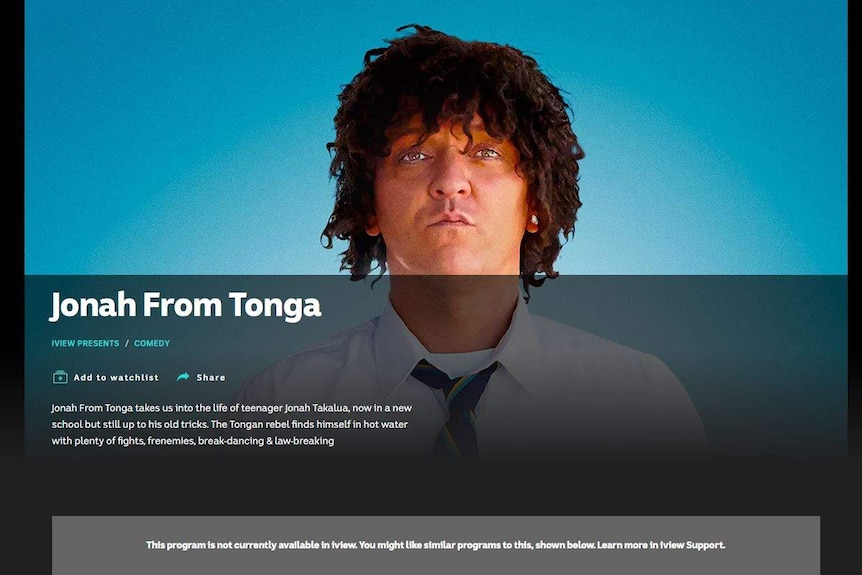 A screenshot of the ABC iView interface, featuring branding for Jonah from Tonga. A caption says the program is not available.