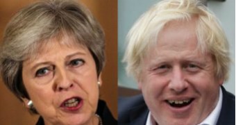 Theresa May, left, and Boris Johnson, right, in composite. Both are mid-speech.