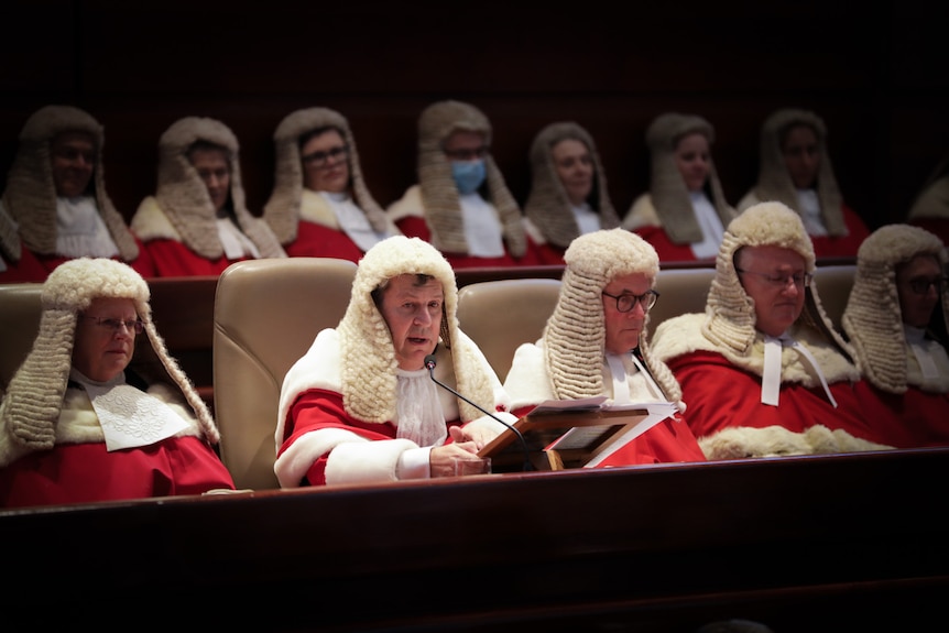 NSW Chief Justice Andrew Bell sits among his peers at a ceremony marking 200 years of the court