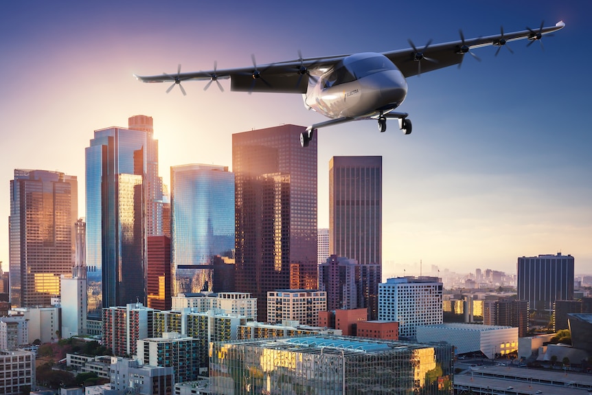 A concept image showing an air taxi over Los Angeles.