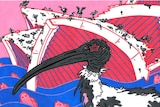 An vivid illustration of a muddy and gnarled ibis in front of an off kilter opera house, surrounded by water and dead fish
