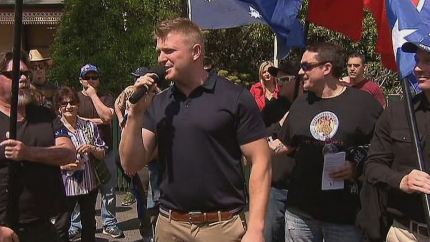 A Victorian UPF leader Blair Cottrell addresses the anti-mosque rally at Bendigo.