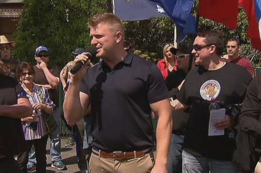 A Victorian UPF leader Blair Cottrell addresses the anti-mosque rally at Bendigo.