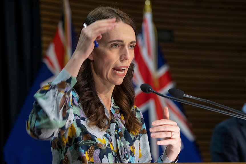 New Zealand Prime Minister Jacinda Ardern gestures during a COVID-19 update press conference