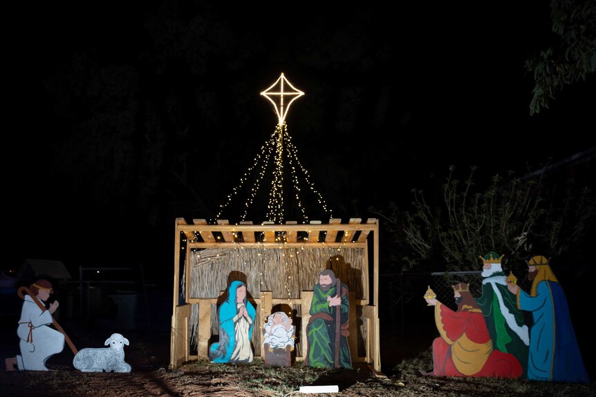 Warwick Simmons, MacDonnell Regional Shire employee took three days to cut out and paint the Christmas nativity.