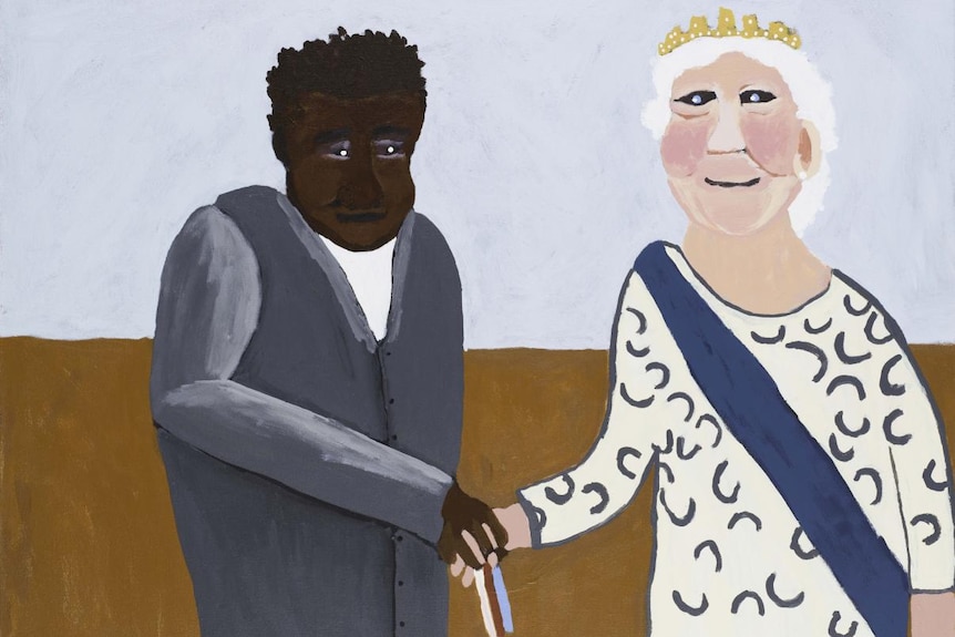 Albert Namatjira receiving Coronation Medal from Her Majesty