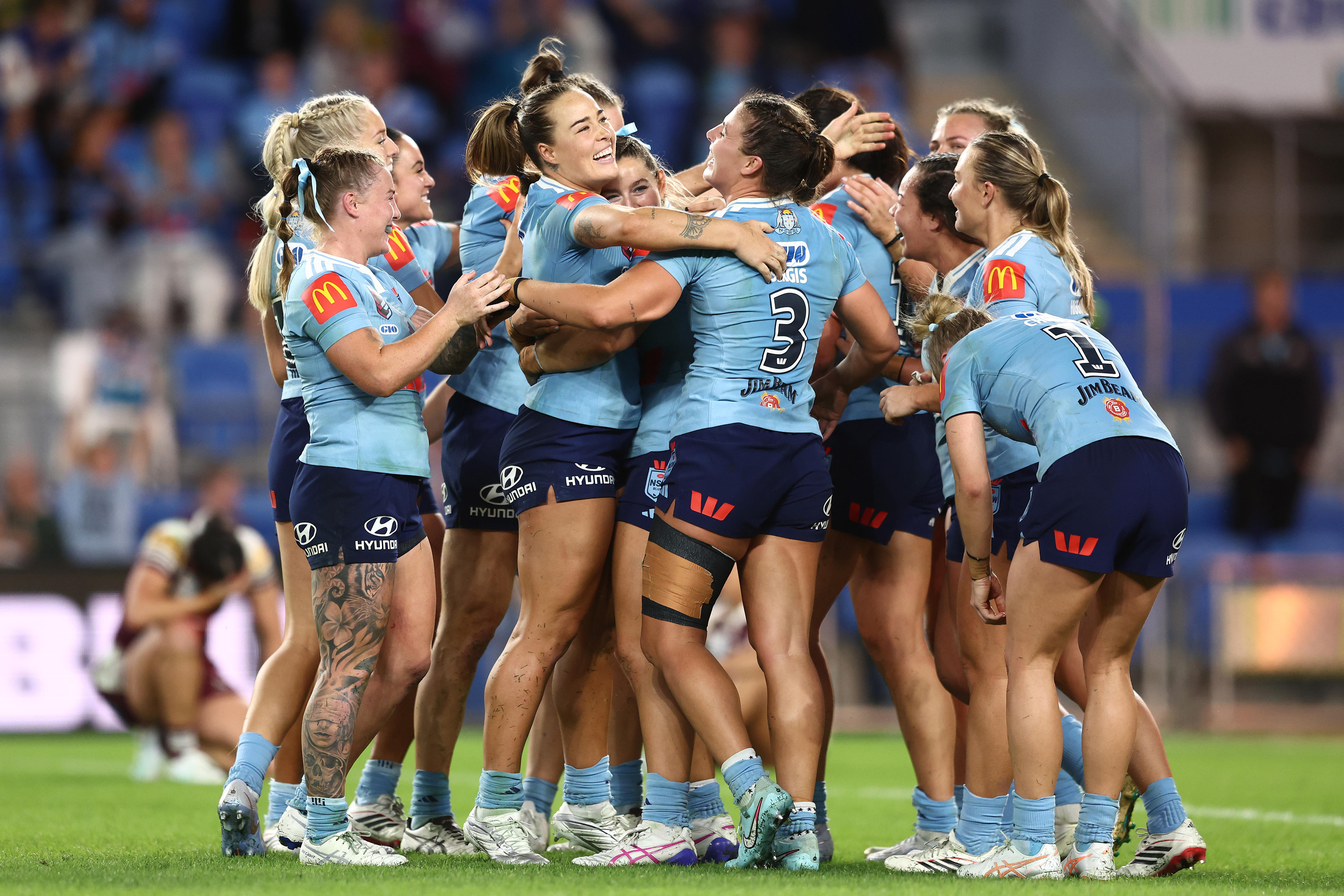 The NSW Blues celebrates winning the Women's State of Origin series.