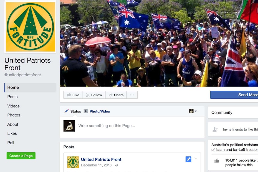 A Facebook page, whose cover image is a gathering of people waving Australian flags.