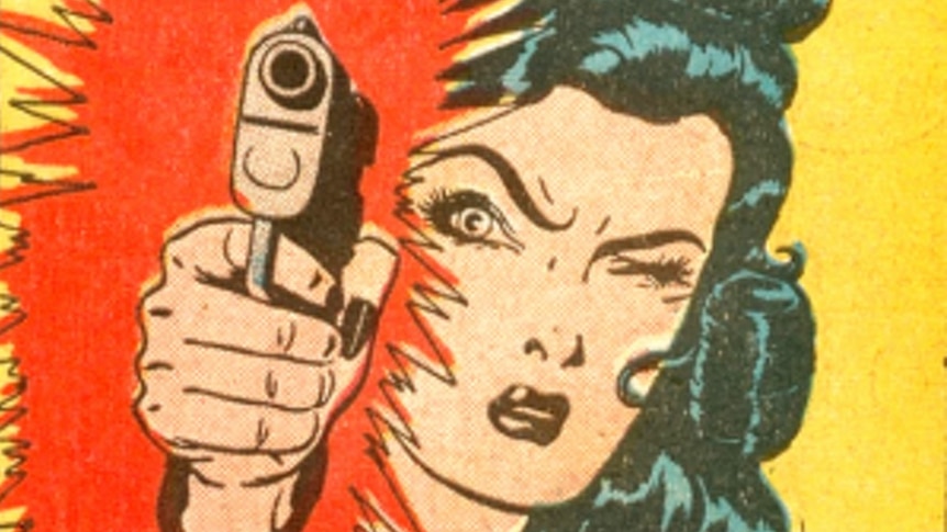 A comic of a woman shooting a gun