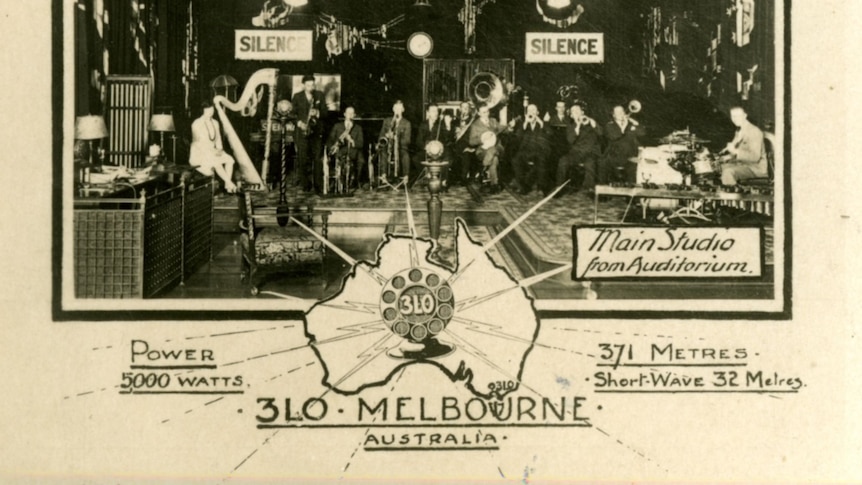 a black and white vintage poster of 3LO Melbourne