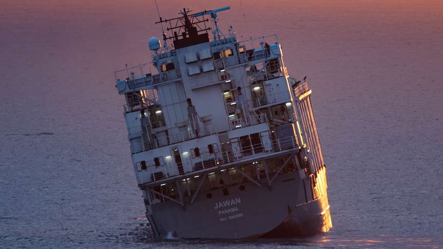 A livestock ship leaning severely to one side.