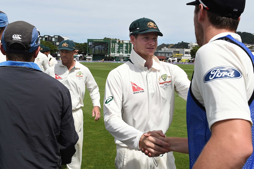 Australian captain Steve Smith shakes hands after his team's win over New Zealand in Wellington.