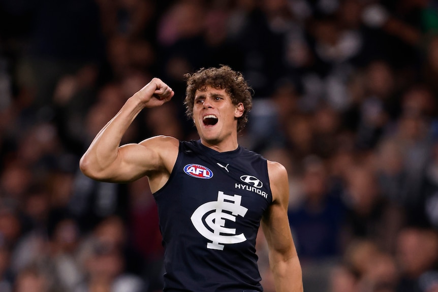 Charlie Curnow celebrates after a goal
