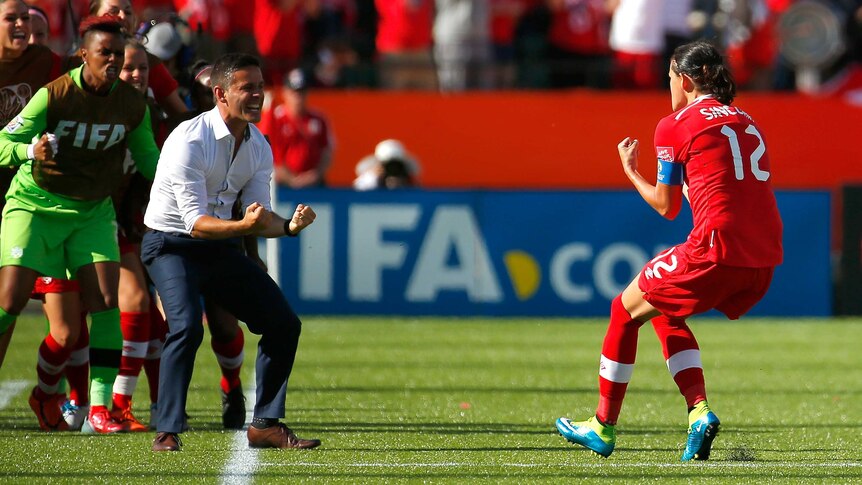 Canada's Christine Sinclair celebrates a goal against China at the Women's World Cup in Edmonton.