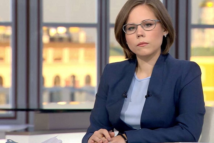 Darya Dugina, daughter of Russian politologist Alexander Dugin, is pictured in the Tsargrad TV studio
