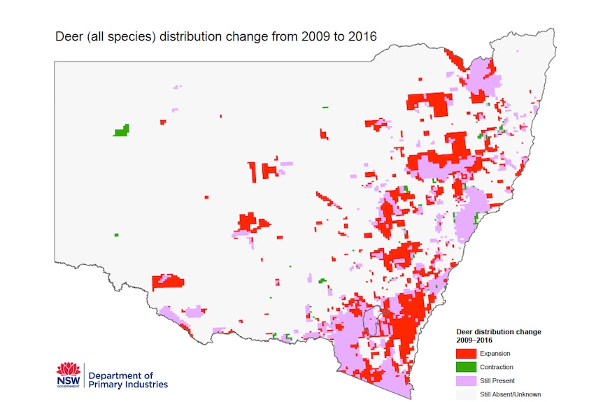 Map showing increase in deer populations across NSW since 2009.