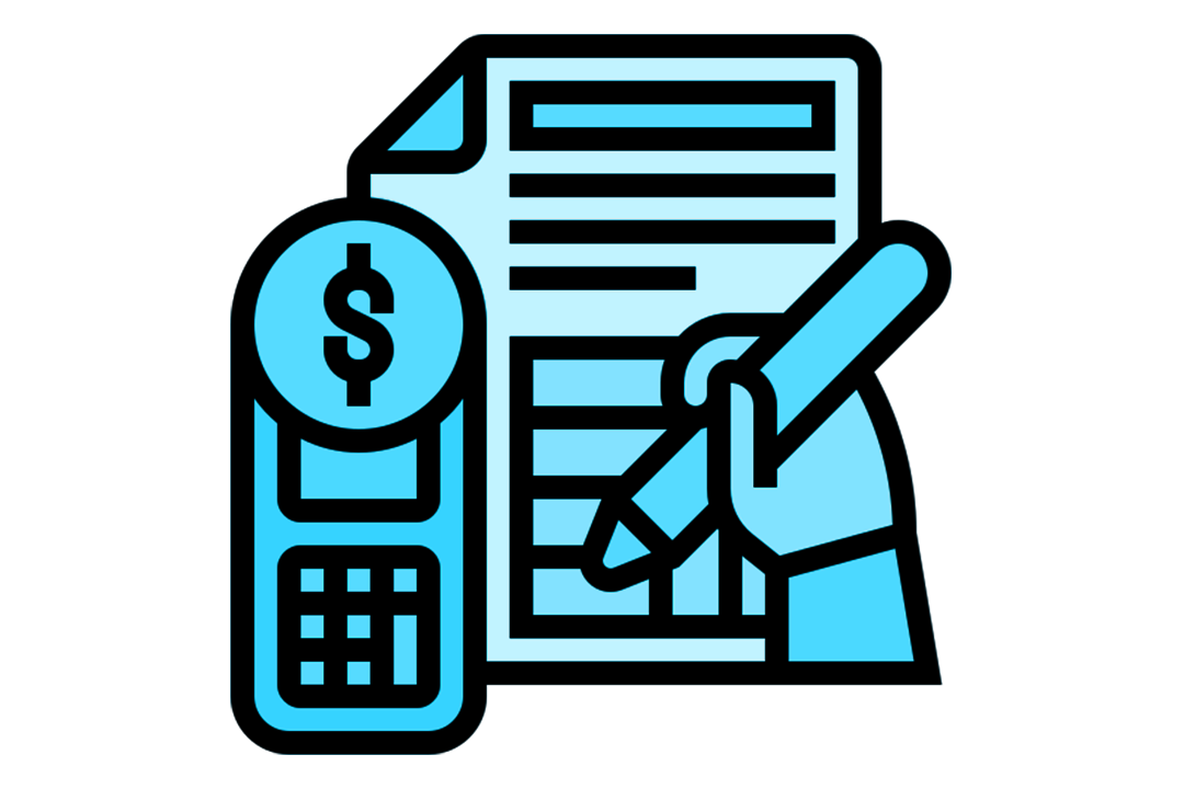 A blue graphic of a phone, form and hand holding a pen