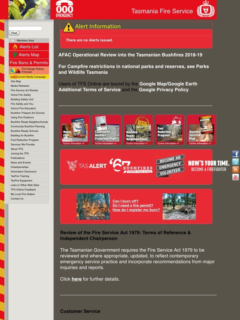 A mobile screenshot of the Tasmania Fire Service website