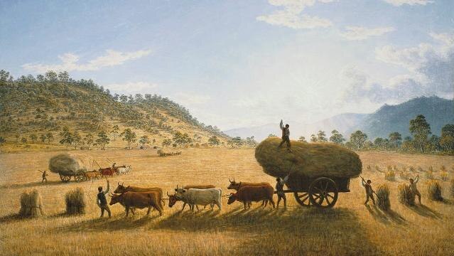 Painting of man standing on hay cart pulled by oxen