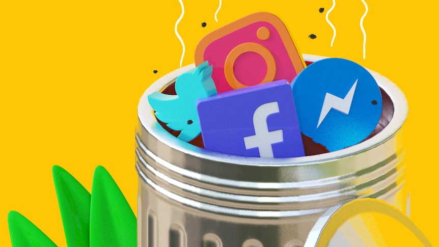 3D illustration of social media platform logos in garbage bin with stink lines representing the negative effects of social media