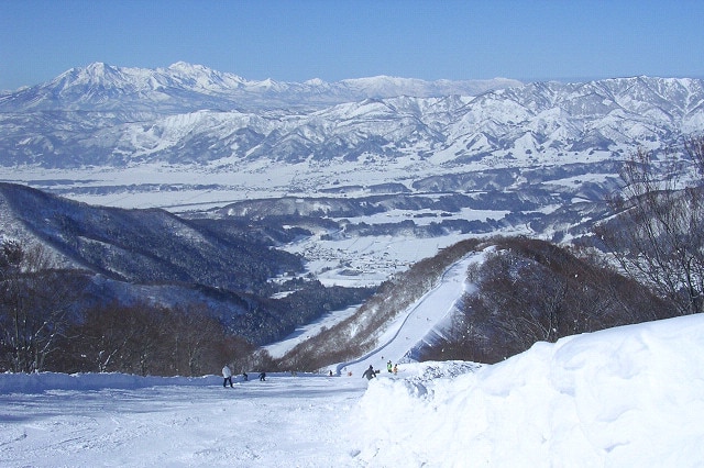 Snow covers the slopes at the Nozawa Onsen Ski Resort, Japan.