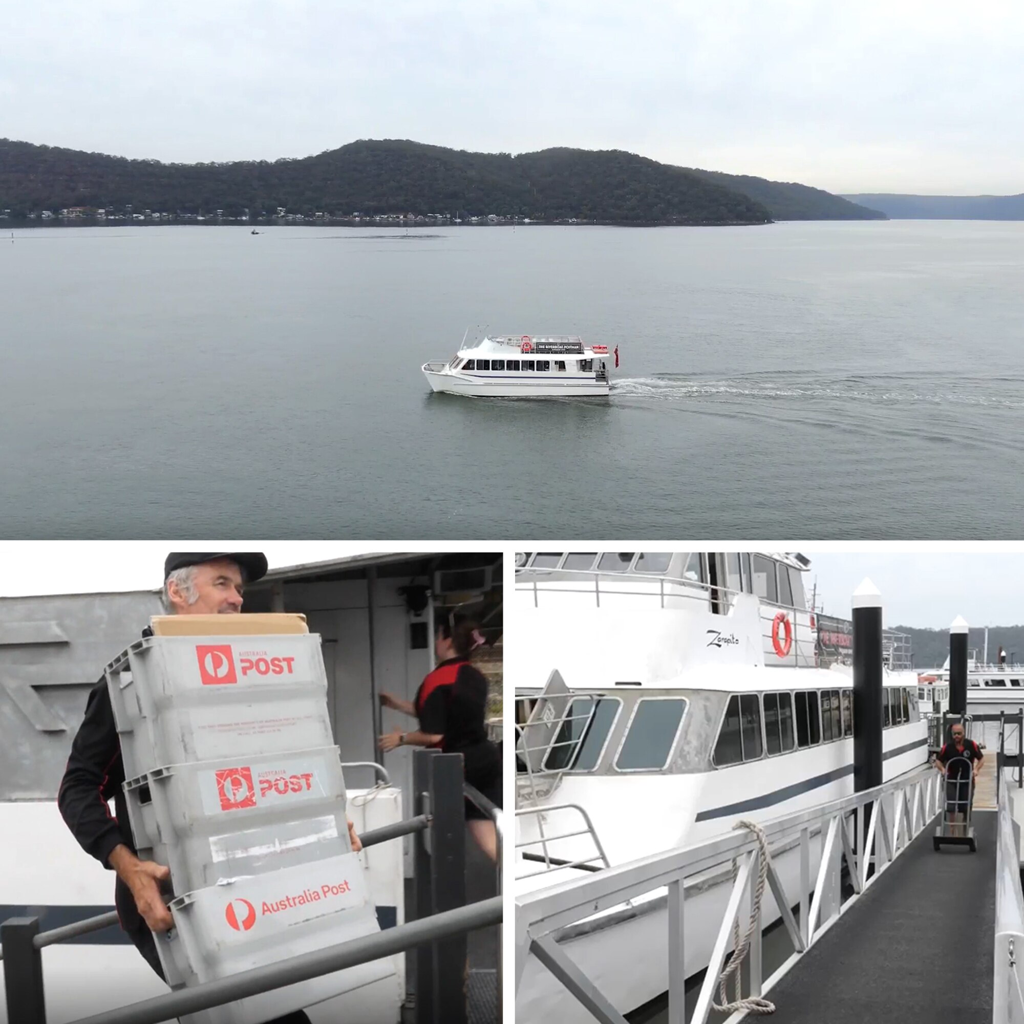 A composite image of bat on a river, a man carrying Australia Post tubs, and a boat at a pier.