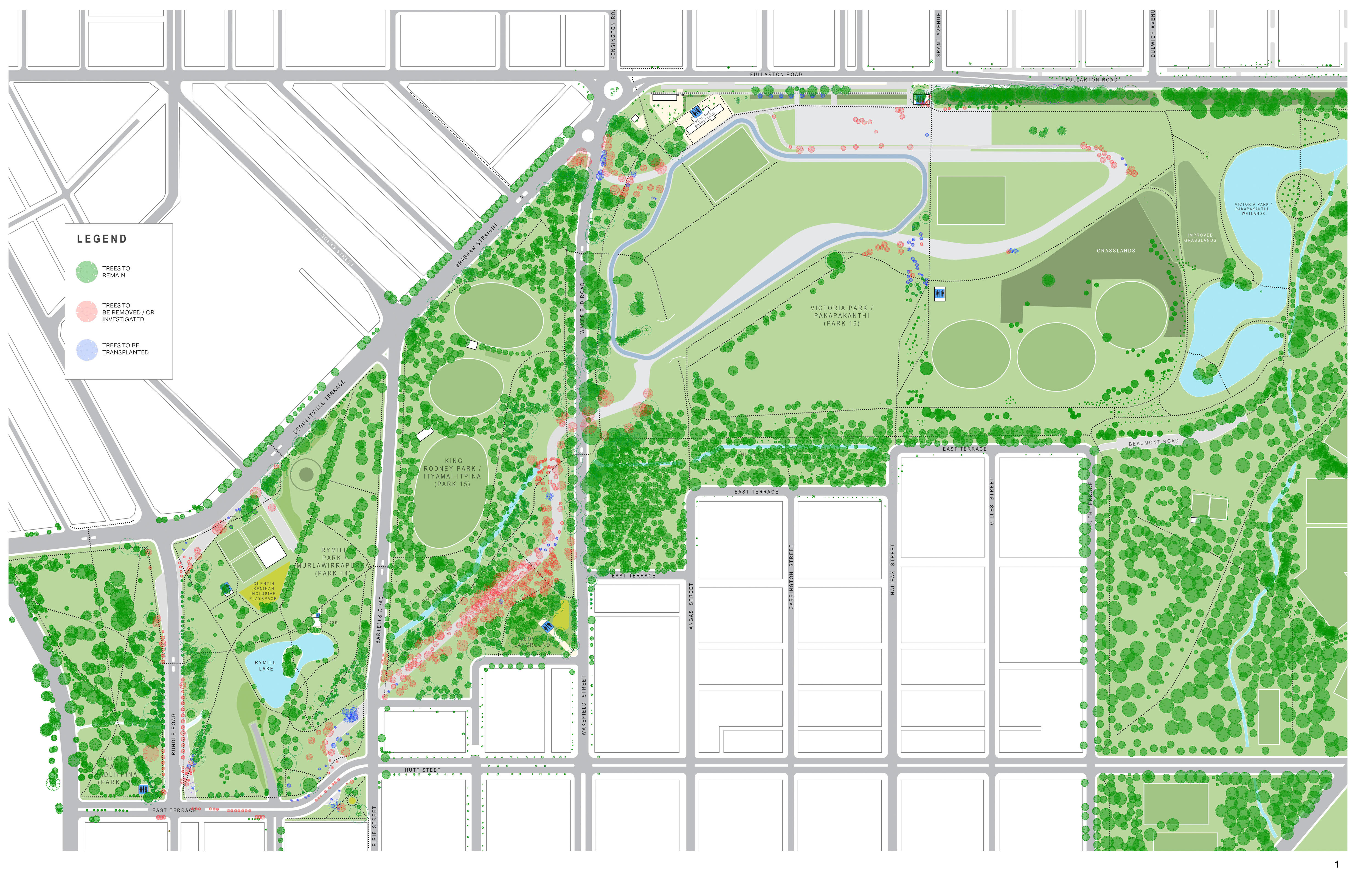 A map showing the trees slated for removal from the proposed new Adelaide circuit.