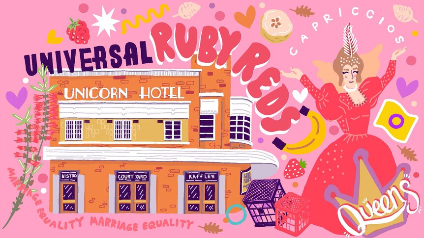 A brightly coloured illustration of Universal Hotel and a woman in a red dress dancing. 