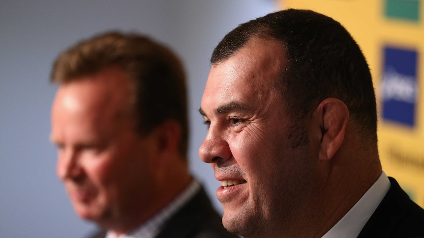 New role ... Michael Cheika speaks to the media alongside ARU chief executive Bill Pulver