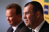 New role ... Michael Cheika speaks to the media alongside ARU chief executive Bill Pulver