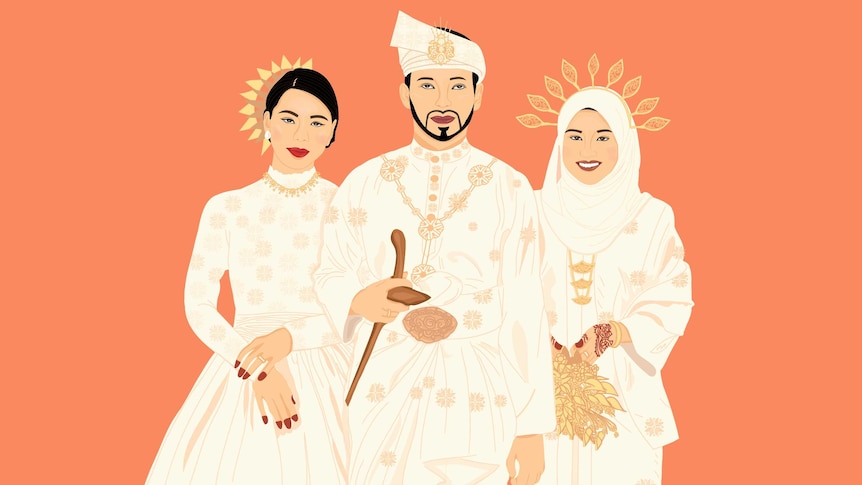 An illustration representing polygamy in modern Malaysia, showing a man and two women in traditional wedding attire.