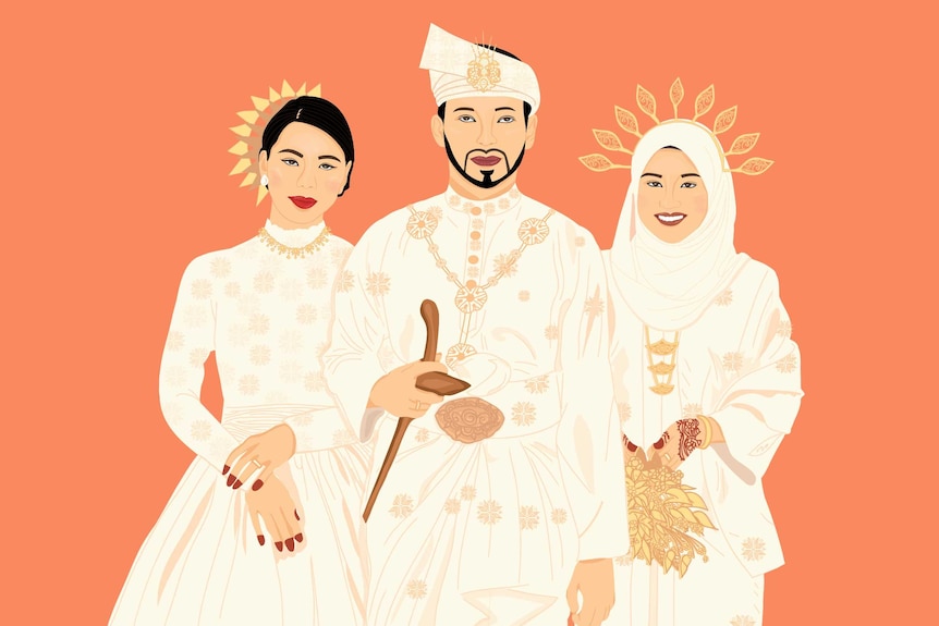 An illustration representing polygamy in modern Malaysia, showing a man and two women in traditional wedding attire.