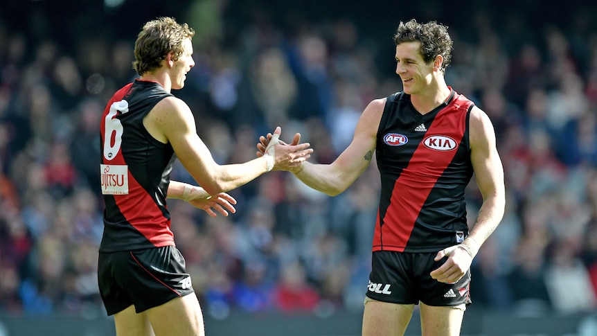 Essendon's Jake Carlisle (R) is congratulated by team-mate Joe Daniher after goal against Brisbane.